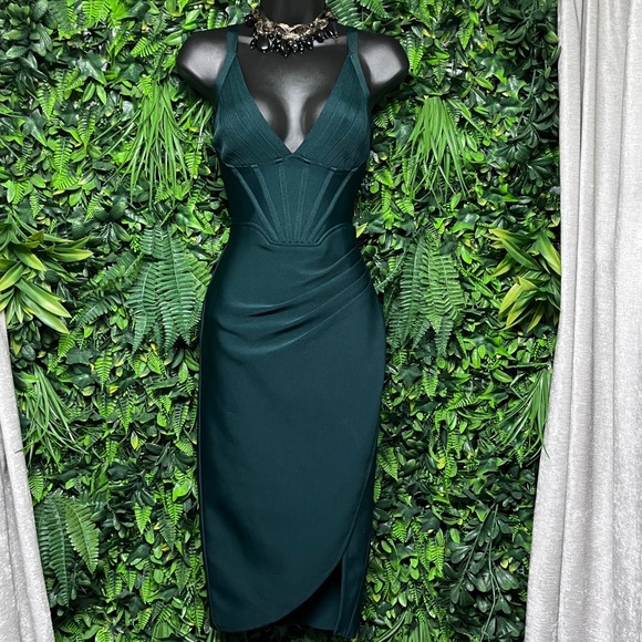 Corset Bandage Midi Dress Small Emerald Green V-Neck Bodycon Draped Skirt 3681 - Picture 2 of 8